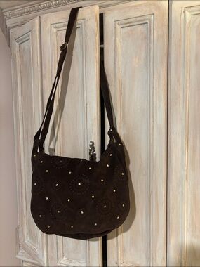 Pulicati Dark Brown Suede Shoulder Bag with Stud Embellishments